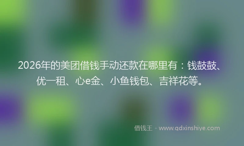 2026年的美团借钱手动还款在哪里有：钱鼓鼓、优一租、心e金、小鱼钱包、吉祥花等。