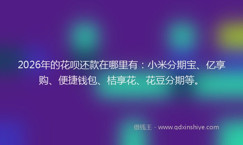 2026年的花呗还款在哪里有：小米分期宝、亿享购、便捷钱包、桔享花、花豆分期等。