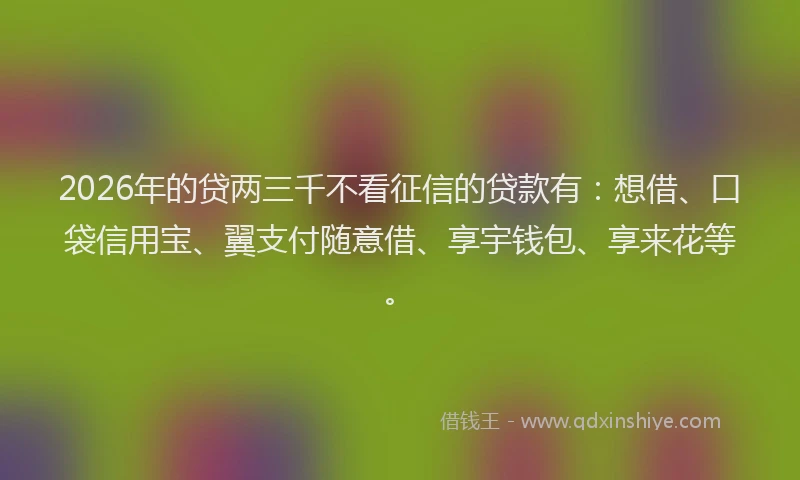 2026年的贷两三千不看征信的贷款有：想借、口袋信用宝、翼支付随意借、享宇钱包、享来花等。