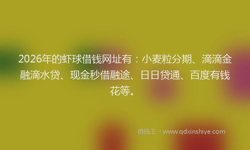 2026年的虾球借钱网址有：小麦粒分期、滴滴金融滴水贷、现金秒借融途、日日贷通、百度有钱花等。