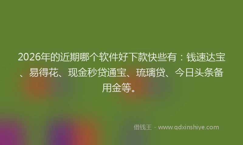 2026年的近期哪个软件好下款快些有：钱速达宝、易得花、现金秒贷通宝、琉璃贷、今日头条备用金等。