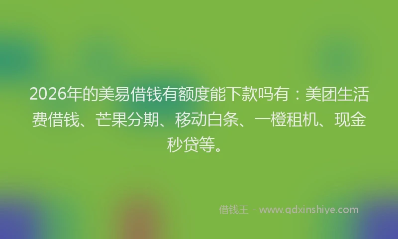 2026年的美易借钱有额度能下款吗有：美团生活费借钱、芒果分期、移动白条、一橙租机、现金秒贷等。