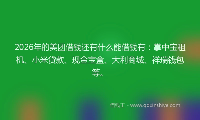 2026年的美团借钱还有什么能借钱有：掌中宝租机、小米贷款、现金宝盒、大利商城、祥瑞钱包等。