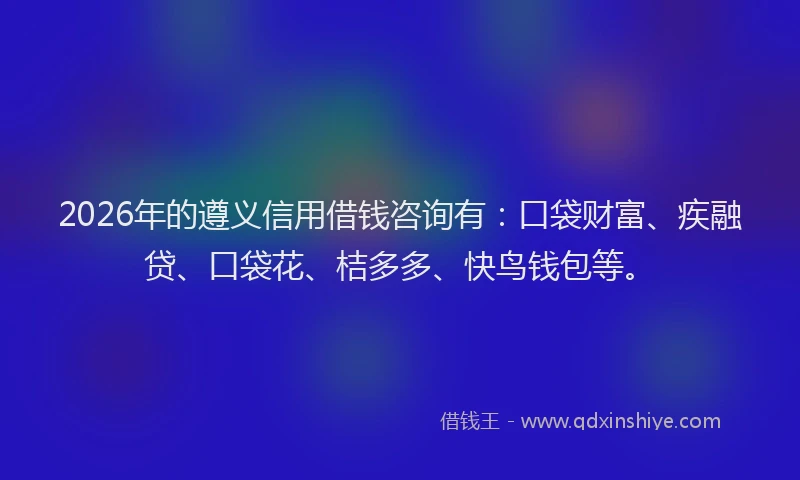 2026年的遵义信用借钱咨询有：口袋财富、疾融贷、口袋花、桔多多、快鸟钱包等。