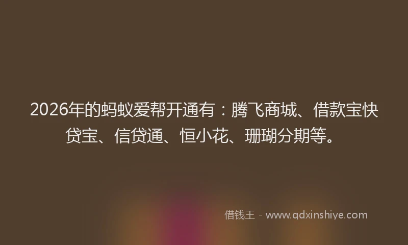 2026年的蚂蚁爱帮开通有：腾飞商城、借款宝快贷宝、信贷通、恒小花、珊瑚分期等。