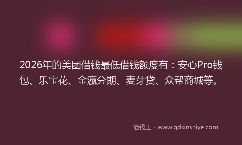 2026年的美团借钱最低借钱额度有：安心Pro钱包、乐宝花、金瀛分期、麦芽贷、众帮商城等。