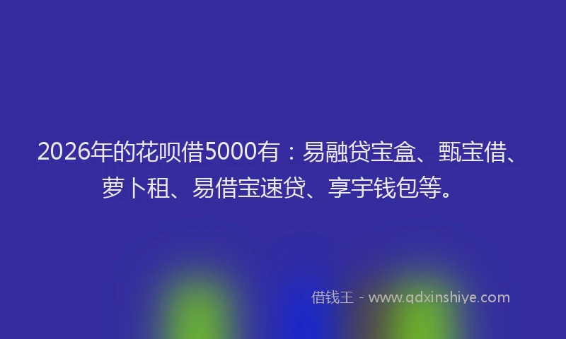 2026年的花呗借5000有：易融贷宝盒、甄宝借、萝卜租、易借宝速贷、享宇钱包等。
