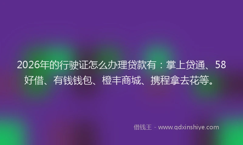 2026年的行驶证怎么办理贷款有：掌上贷通、58好借、有钱钱包、橙丰商城、携程拿去花等。