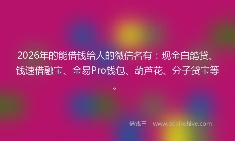 2026年的能借钱给人的微信名有：现金白鸽贷、钱速借融宝、金易Pro钱包、葫芦花、分子贷宝等。