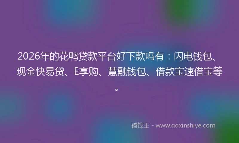 2026年的花鸭贷款平台好下款吗有：闪电钱包、现金快易贷、E享购、慧融钱包、借款宝速借宝等。
