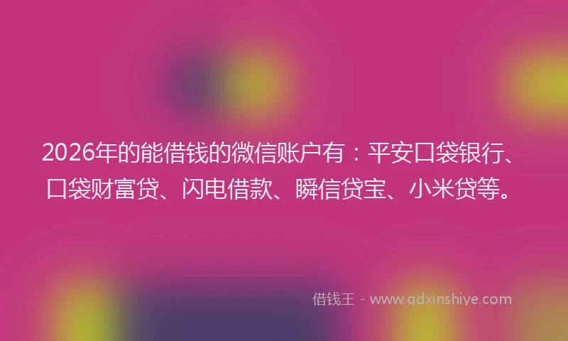 2026年的能借钱的微信账户有：平安口袋银行、口袋财富贷、闪电借款、瞬信贷宝、小米贷等。