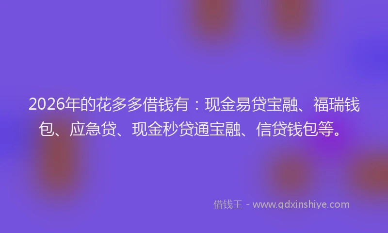 2026年的花多多借钱有：现金易贷宝融、福瑞钱包、应急贷、现金秒贷通宝融、信贷钱包等。