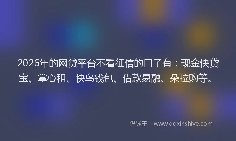 2026年的网贷平台不看征信的口子有：现金快贷宝、掌心租、快鸟钱包、借款易融、朵拉购等。