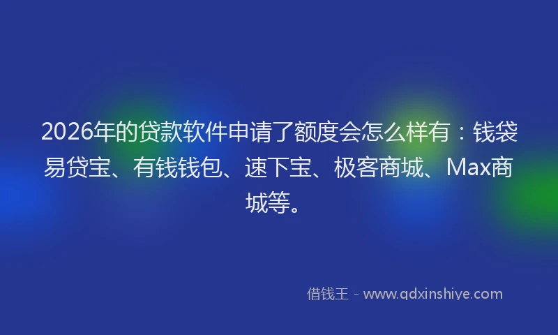 2026年的贷款软件申请了额度会怎么样有：钱袋易贷宝、有钱钱包、速下宝、极客商城、Max商城等。