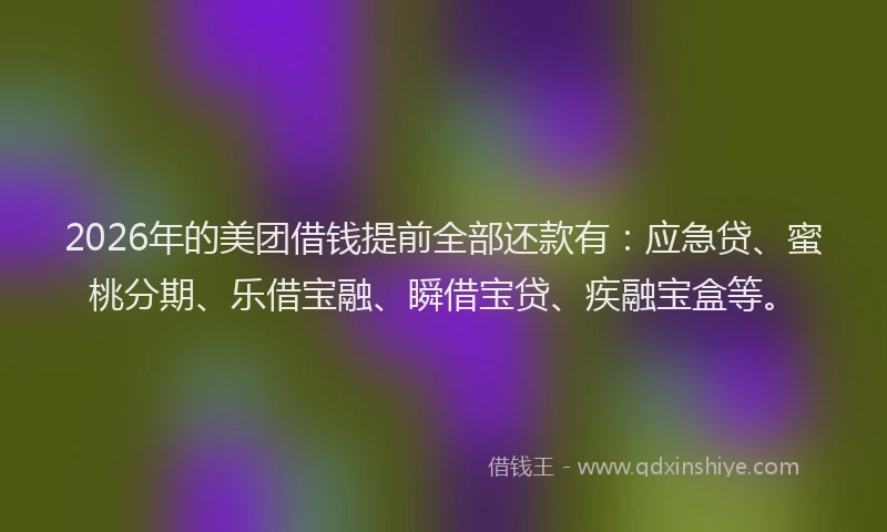 2026年的美团借钱提前全部还款有：应急贷、蜜桃分期、乐借宝融、瞬借宝贷、疾融宝盒等。