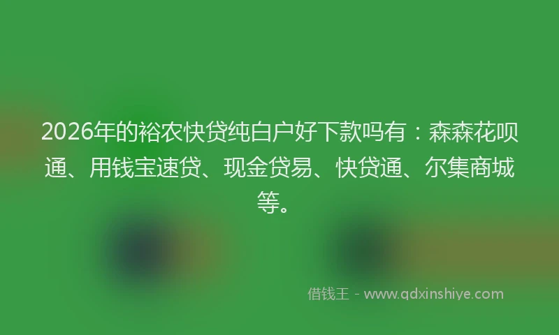 2026年的裕农快贷纯白户好下款吗有：森森花呗通、用钱宝速贷、现金贷易、快贷通、尔集商城等。