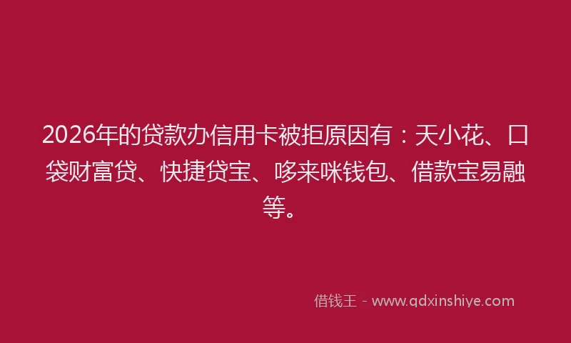 2026年的贷款办信用卡被拒原因有：天小花、口袋财富贷、快捷贷宝、哆来咪钱包、借款宝易融等。