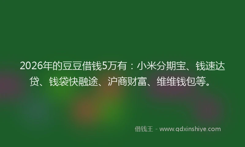 2026年的豆豆借钱5万有：小米分期宝、钱速达贷、钱袋快融途、沪商财富、维维钱包等。