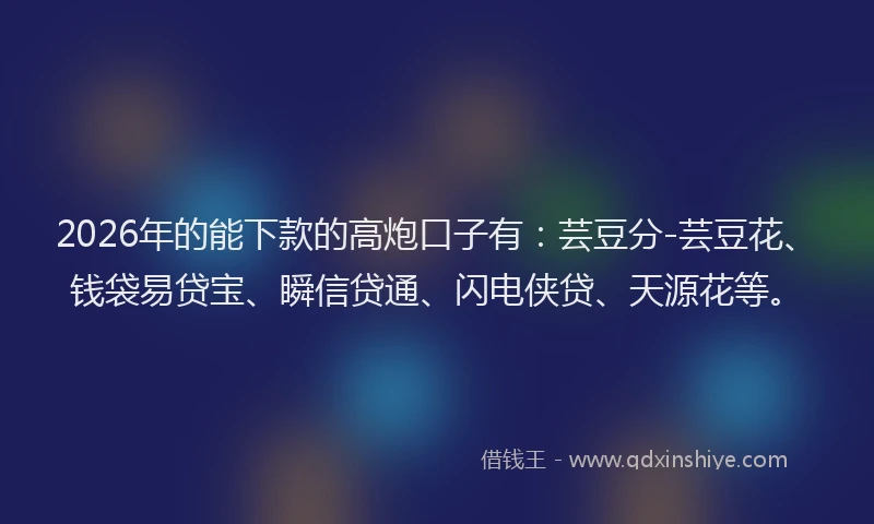 2026年的能下款的高炮口子有：芸豆分-芸豆花、钱袋易贷宝、瞬信贷通、闪电侠贷、天源花等。