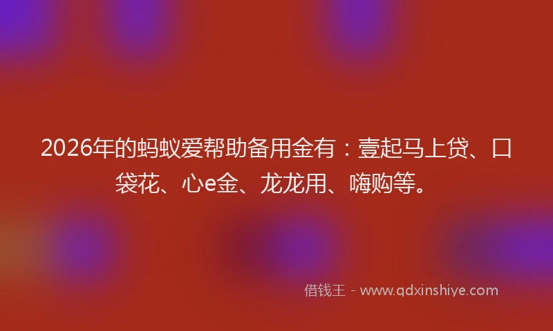 2026年的蚂蚁爱帮助备用金有：壹起马上贷、口袋花、心e金、龙龙用、嗨购等。