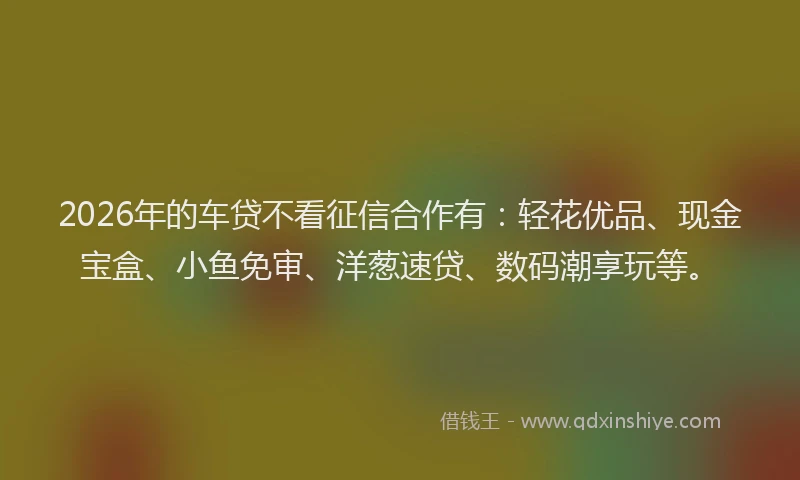 2026年的车贷不看征信合作有：轻花优品、现金宝盒、小鱼免审、洋葱速贷、数码潮享玩等。