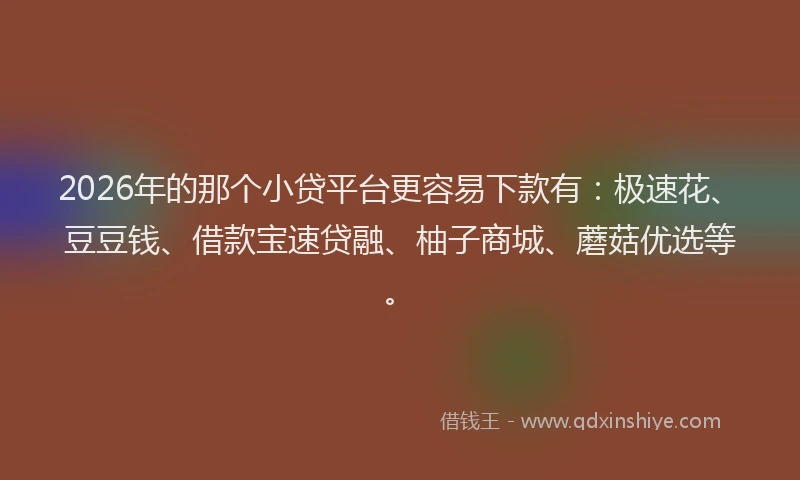 2026年的那个小贷平台更容易下款有：极速花、豆豆钱、借款宝速贷融、柚子商城、蘑菇优选等。