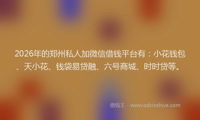 2026年的郑州私人加微信借钱平台有：小花钱包、天小花、钱袋易贷融、六号商城、时时贷等。