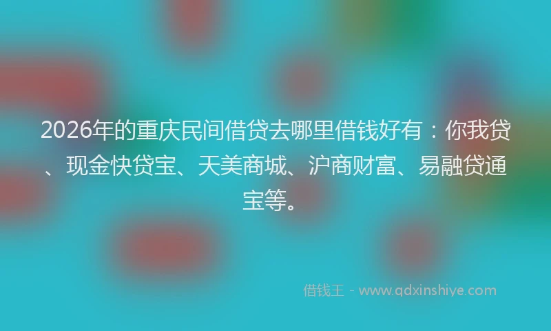 2026年的重庆民间借贷去哪里借钱好有：你我贷、现金快贷宝、天美商城、沪商财富、易融贷通宝等。