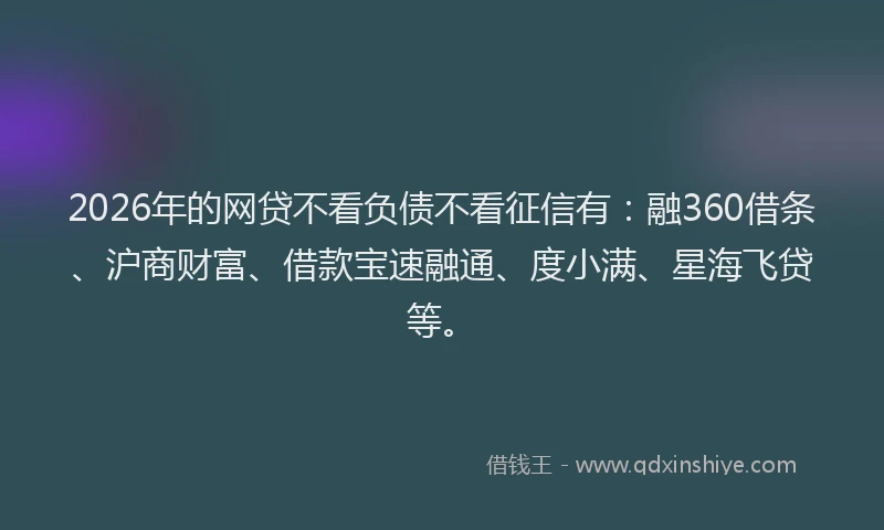 2026年的网贷不看负债不看征信有：融360借条、沪商财富、借款宝速融通、度小满、星海飞贷等。