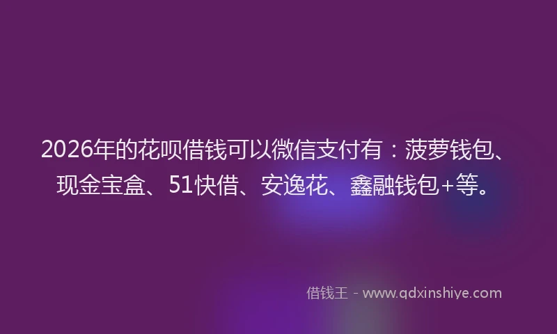 2026年的花呗借钱可以微信支付有：菠萝钱包、现金宝盒、51快借、安逸花、鑫融钱包+等。