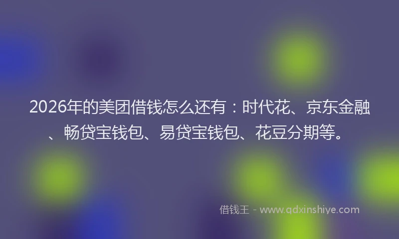 2026年的美团借钱怎么还有：时代花、京东金融、畅贷宝钱包、易贷宝钱包、花豆分期等。