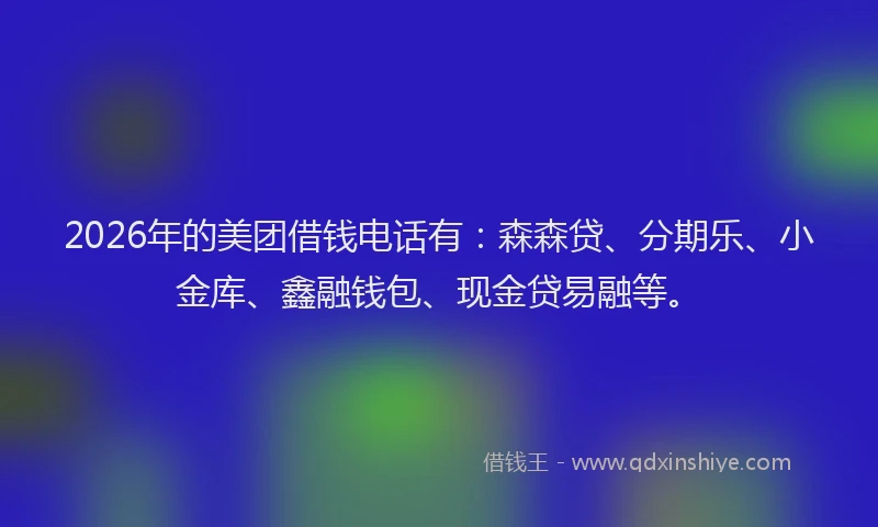 2026年的美团借钱电话有：森森贷、分期乐、小金库、鑫融钱包、现金贷易融等。