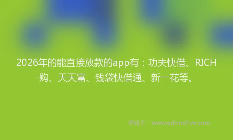 2026年的能直接放款的app有：功夫快借、RICH-购、天天富、钱袋快借通、新一花等。