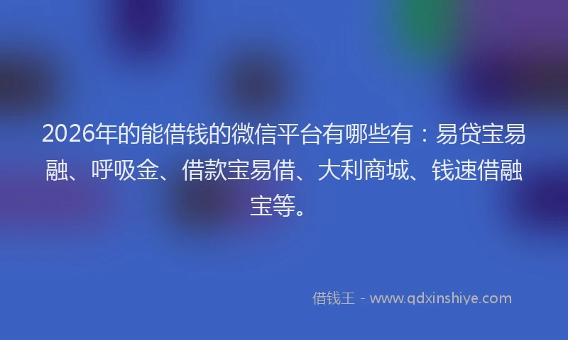 2026年的能借钱的微信平台有哪些有：易贷宝易融、呼吸金、借款宝易借、大利商城、钱速借融宝等。