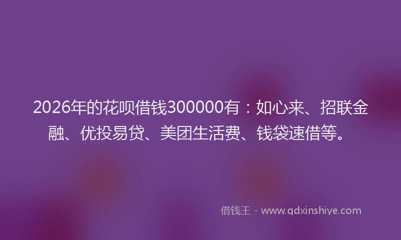 2026年的花呗借钱300000有：如心来、招联金融、优投易贷、美团生活费、钱袋速借等。