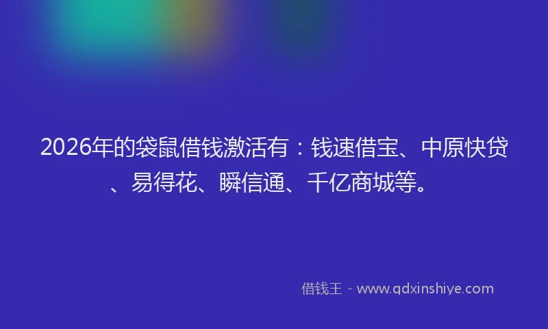 2026年的袋鼠借钱激活有：钱速借宝、中原快贷、易得花、瞬信通、千亿商城等。
