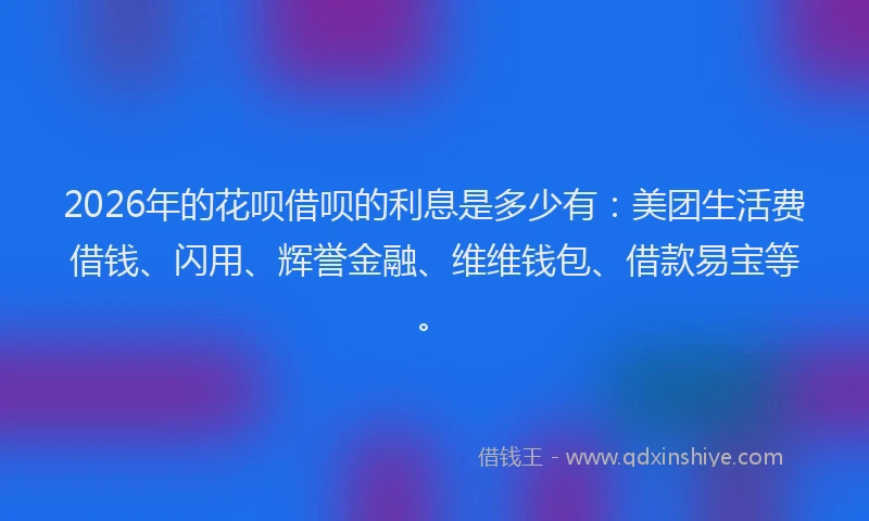 2026年的花呗借呗的利息是多少有：美团生活费借钱、闪用、辉誉金融、维维钱包、借款易宝等。
