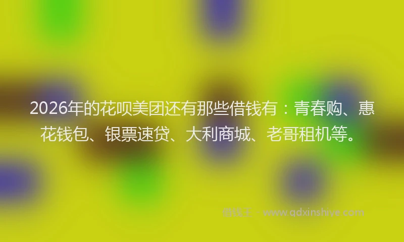 2026年的花呗美团还有那些借钱有：青春购、惠花钱包、银票速贷、大利商城、老哥租机等。