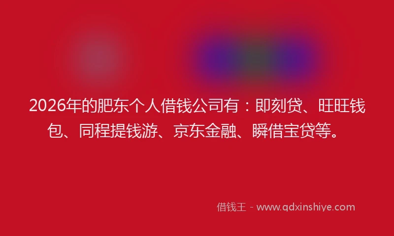 2026年的肥东个人借钱公司有：即刻贷、旺旺钱包、同程提钱游、京东金融、瞬借宝贷等。