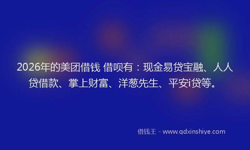 2026年的美团借钱 借呗有：现金易贷宝融、人人贷借款、掌上财富、洋葱先生、平安i贷等。