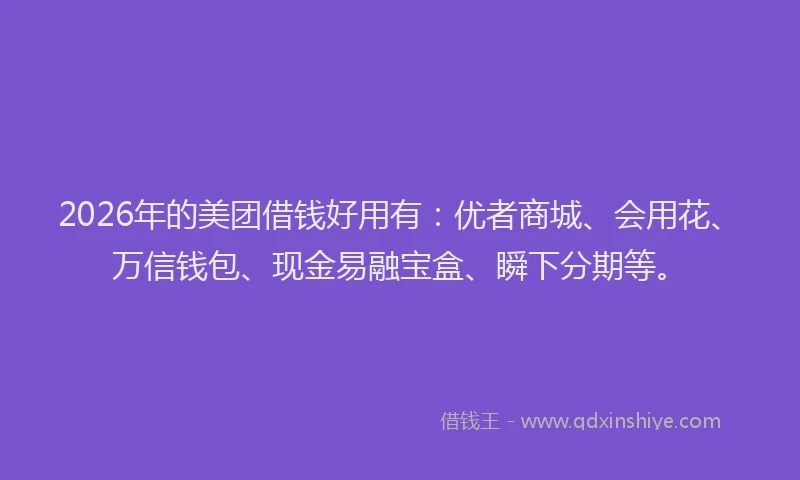 2026年的美团借钱好用有：优者商城、会用花、万信钱包、现金易融宝盒、瞬下分期等。