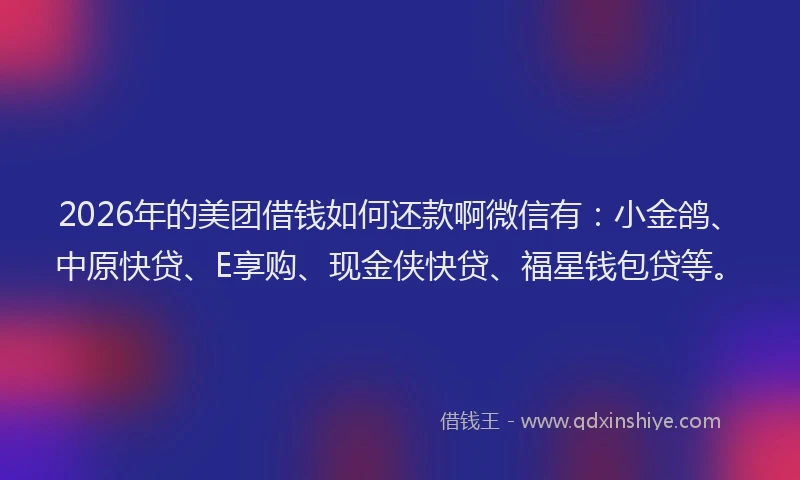 2026年的美团借钱如何还款啊微信有：小金鸽、中原快贷、E享购、现金侠快贷、福星钱包贷等。