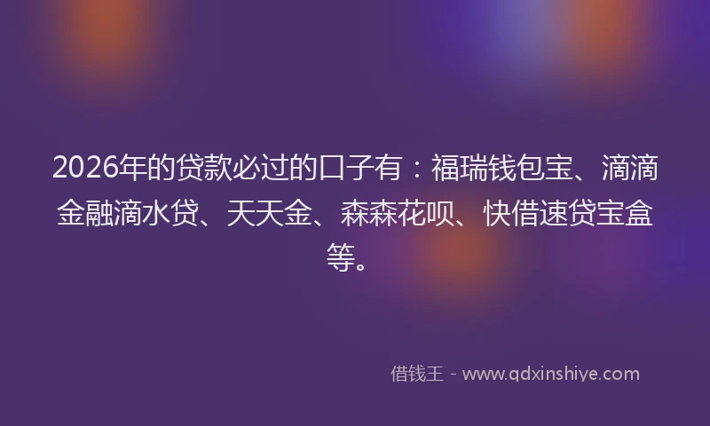 2026年的贷款必过的口子有：福瑞钱包宝、滴滴金融滴水贷、天天金、森森花呗、快借速贷宝盒等。