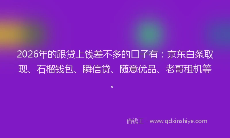2026年的跟贷上钱差不多的口子有：京东白条取现、石榴钱包、瞬信贷、随意优品、老哥租机等。
