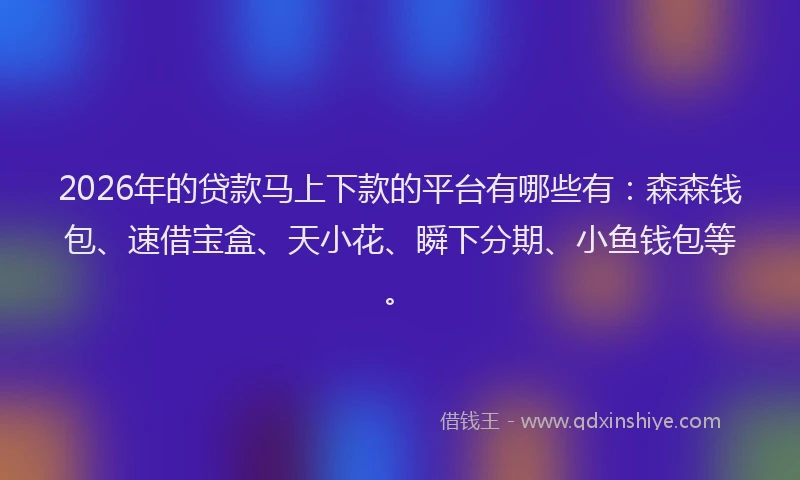2026年的贷款马上下款的平台有哪些有：森森钱包、速借宝盒、天小花、瞬下分期、小鱼钱包等。