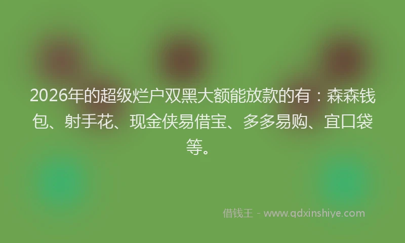 2026年的超级烂户双黑大额能放款的有：森森钱包、射手花、现金侠易借宝、多多易购、宜口袋等。