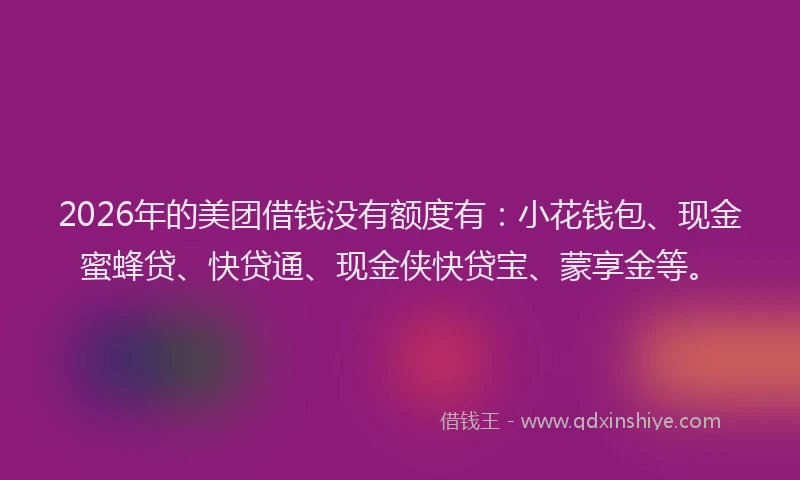 2026年的美团借钱没有额度有：小花钱包、现金蜜蜂贷、快贷通、现金侠快贷宝、蒙享金等。