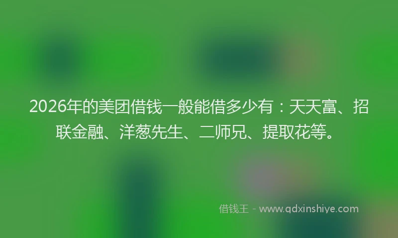 2026年的美团借钱一般能借多少有：天天富、招联金融、洋葱先生、二师兄、提取花等。