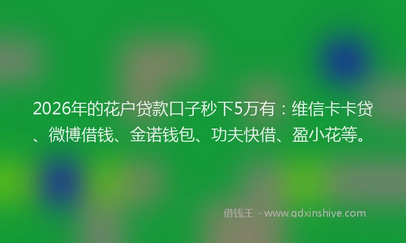 2026年的花户贷款口子秒下5万有：维信卡卡贷、微博借钱、金诺钱包、功夫快借、盈小花等。
