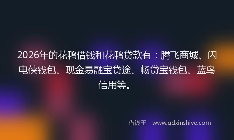 2026年的花鸭借钱和花鸭贷款有：腾飞商城、闪电侠钱包、现金易融宝贷途、畅贷宝钱包、蓝鸟信用等。